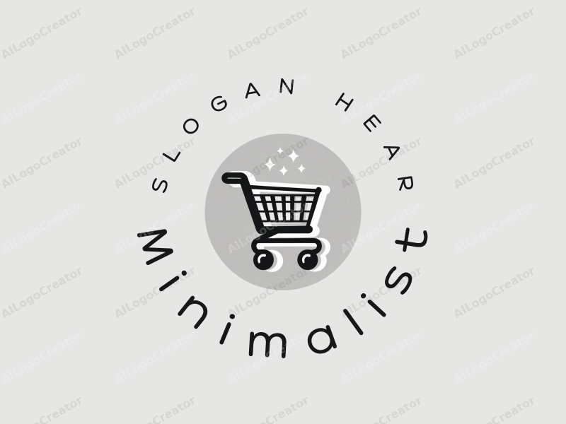 minimalist design features a stylized shopping cart, geometric shapes, and clean line art combined with a simple black and white background.