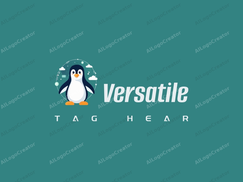 a modern design featuring a stylized penguin integrated with digital elements, showcasing multifunctionality and adaptability, using a clean background with blue and green tones.