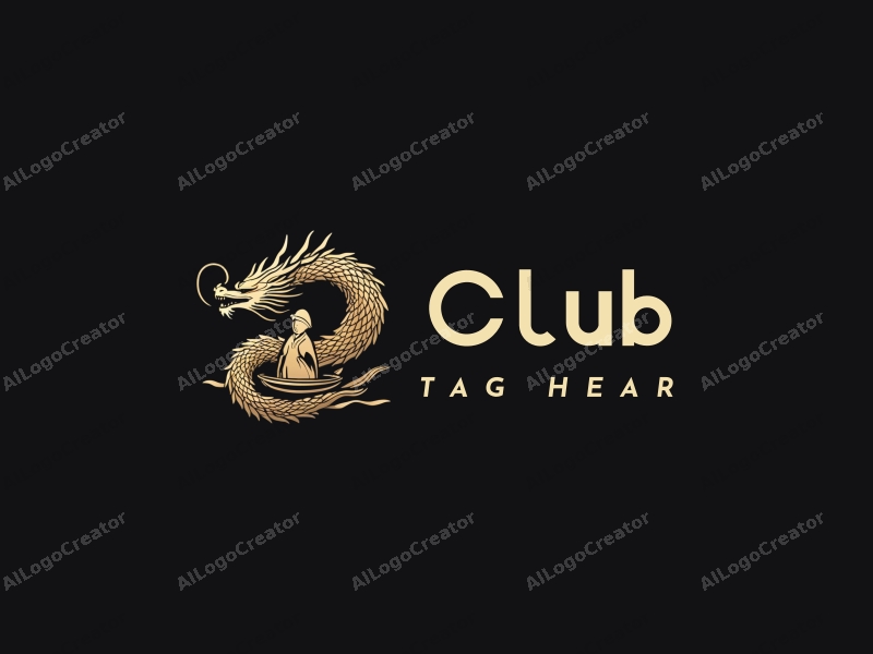 a modern design featuring a stylized dragon and warrior intertwined with a dragon boat, set against a clean black background, emphasizing simplicity and harmony.