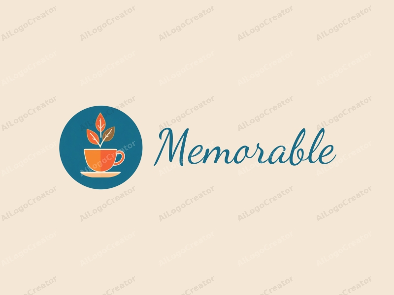 playful design features iconic symbols representing memories, a stylized coffee cup intertwined with leaves, combined with a clean background in blue and orange tones.