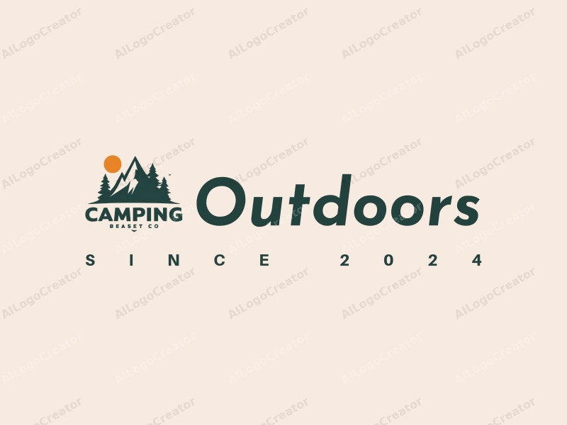 modern design features a stylized mountain silhouette, a simple tree outline, and camping elements combined with a clean background.