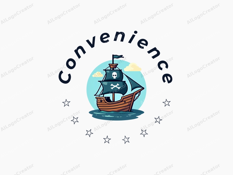 a modern design featuring a stylized pirate ship, incorporating elements of convenience and practicality, with a clean blue background and simple shapes that convey a sense of service and utility.