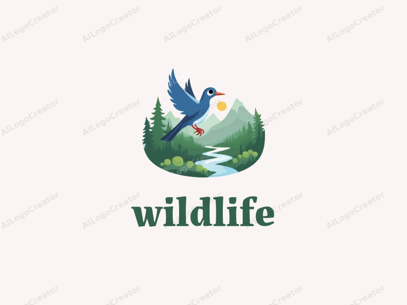 playful design features a blue wild bird in a natural setting, surrounded by green mountains, with a harmonious and clean composition that emphasizes ecological protection and education.