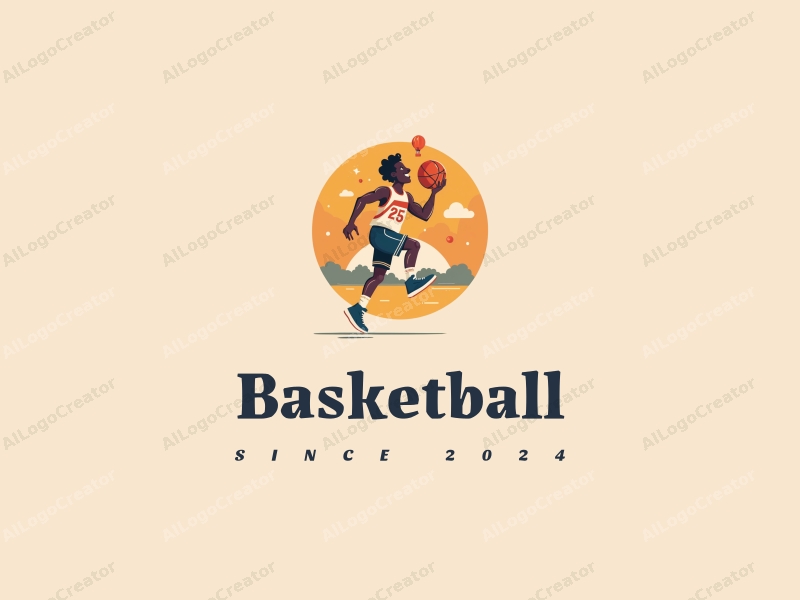 playful design features a stylized basketball, an athlete in motion, and elements of laughter combined with a clean background.