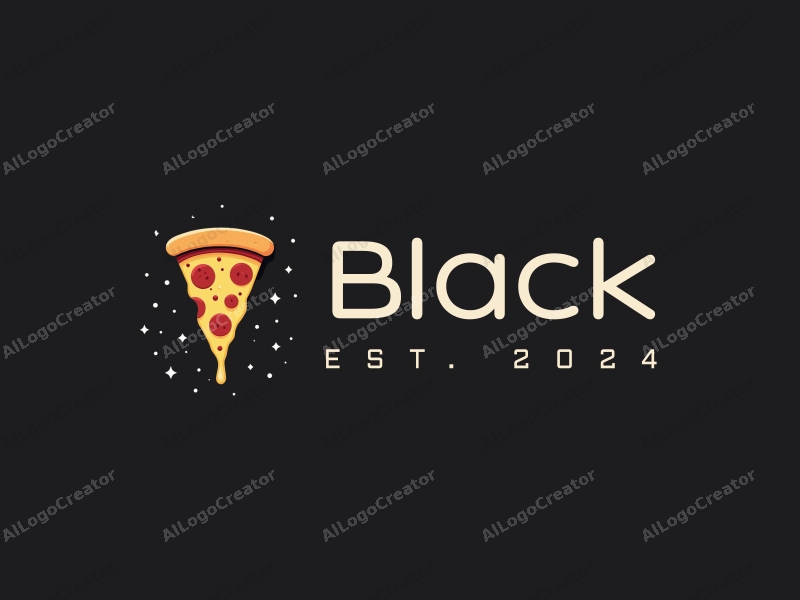 minimalist design features a stylized pizza slice against a starry night background, incorporating black tones and a clean, simple composition.