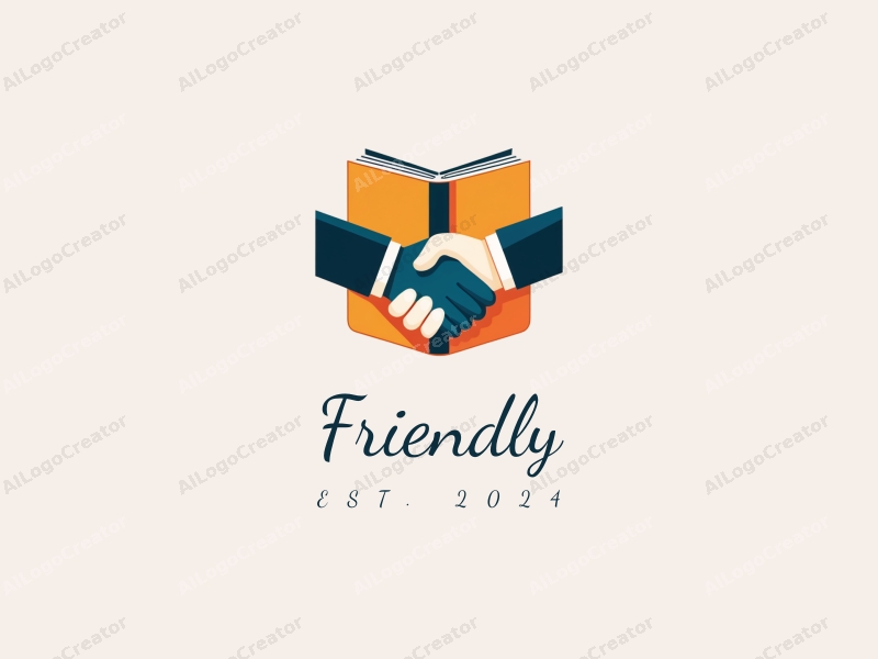 playful design features a stylized book and a handshake, combined with a clean background, emphasizing friendship and community in an educational and social context.