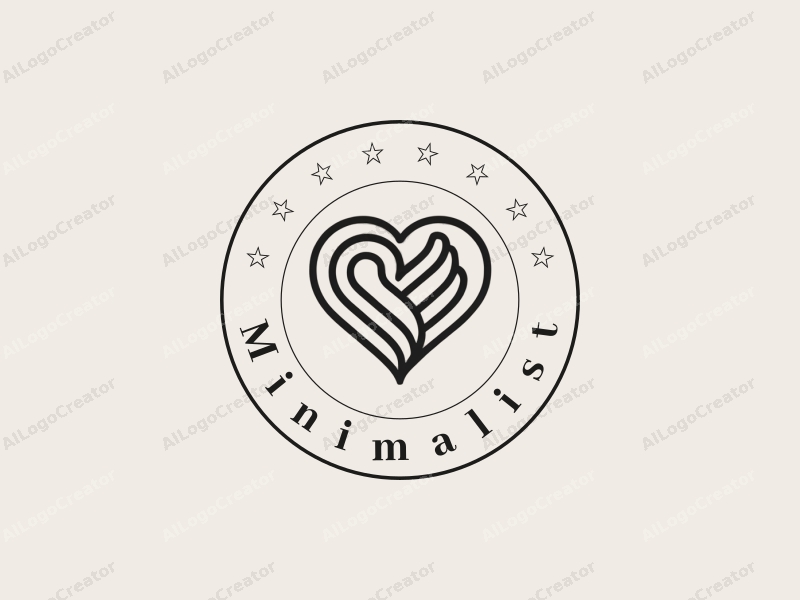 minimalist design features a stylized hand and heart intertwined with clean lines, using a black and white color scheme, combined with a tag style approach against a simple background.