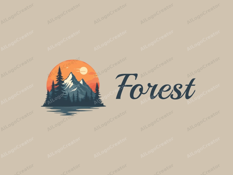 vintage design features stylized trees and leaves, a silhouette of mountains, combined with a clean background and harmonious composition.