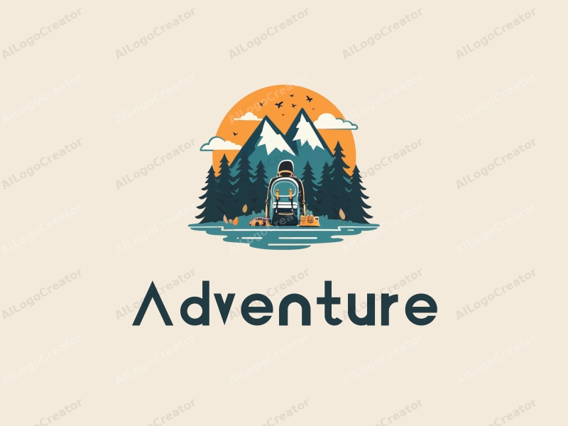 playful design features stylized mountains, a whimsical backpack, and elements of adventure and exploration combined with a clean background.