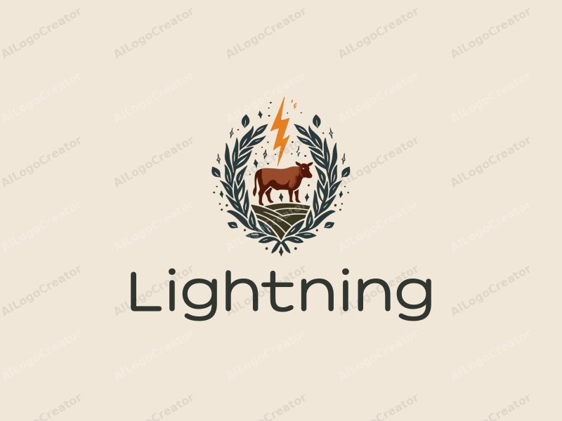 geometric design features stylized lightning bolts and electric currents intertwined with farm elements and animals, combined with a clean background.