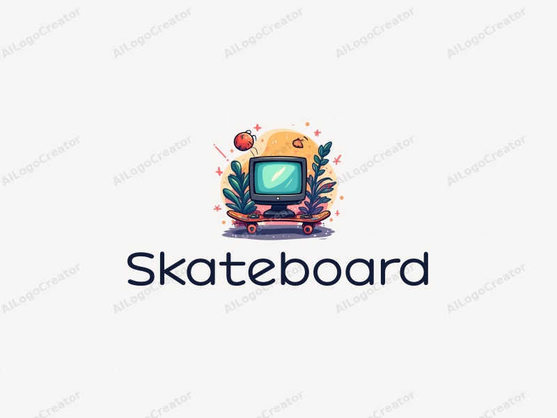 playful design features a vibrant skateboard, a stylized computer, and gaming elements combined with a clean background.