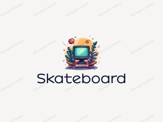 freundliche Designmerkmale eines lebendigen Skateboards, eines stilisierten Computers und Gaming-Elementen, kombiniert mit einem sauberen Hintergrund.