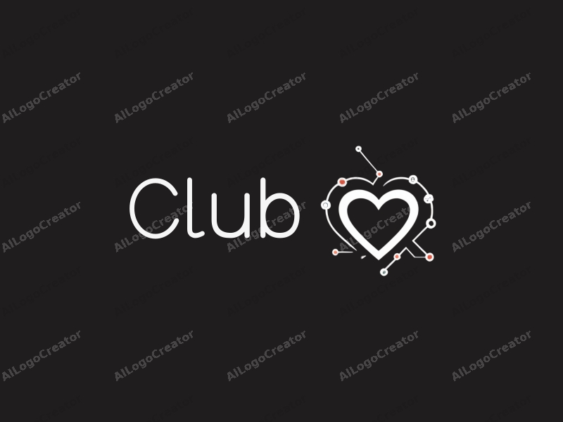 a modern minimalist design featuring a stylized club silhouette, heart symbol, and interconnected lines representing social connections, combined with a clean black background.