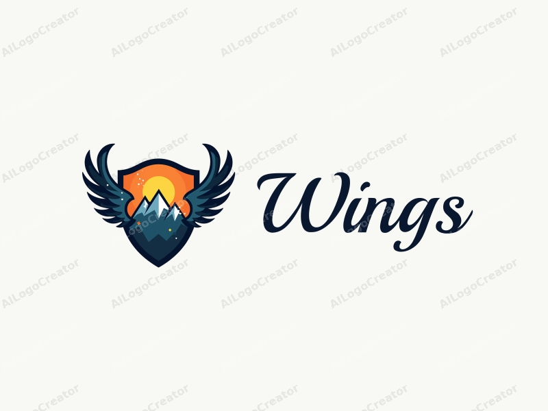 playful design features stylized wings in motion, a colorful shield with mountain elements, combined with a clean background.