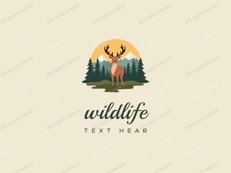 playful design features a stylized deer amidst a backdrop of mountains, incorporating elements of wildlife and nature landscapes with natural color tones, combined with a clean and harmonious composition.