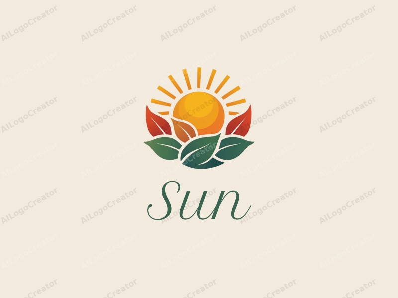 playful design features a stylized sun with rays emanating from it, surrounded by vibrant leaves, combined with a clean background.