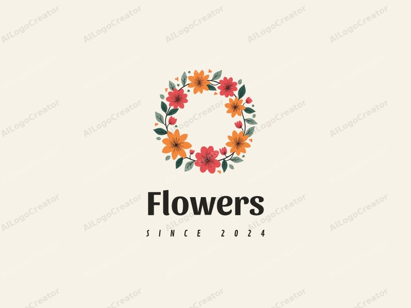 playful design features vibrant flowers and petals arranged in a circular wreath, complemented by playful leaves, all set against a clean background.