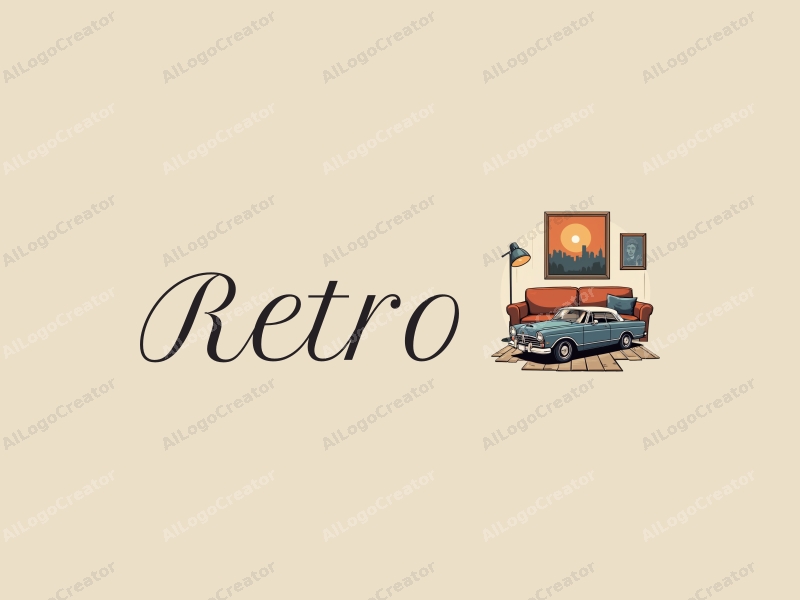 vintage design features a retro sofa and a retro poster, combined with a car silhouette and metal craftsmanship, set against a clean background.