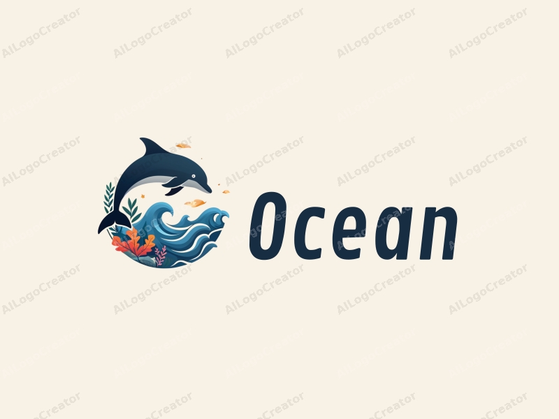 a modern design featuring stylized waves, a dolphin, and coral elements, combined with a clean background and a harmonious composition.