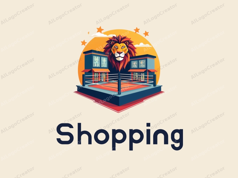 a modern design featuring a colorful shopping mall, a stylized lion head, and a boxing ring, combined with a clean background and harmonious composition.