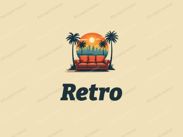 vintage design features a retro sofa and a retro poster, combined with a city skyline and palm trees, set against a clean background.