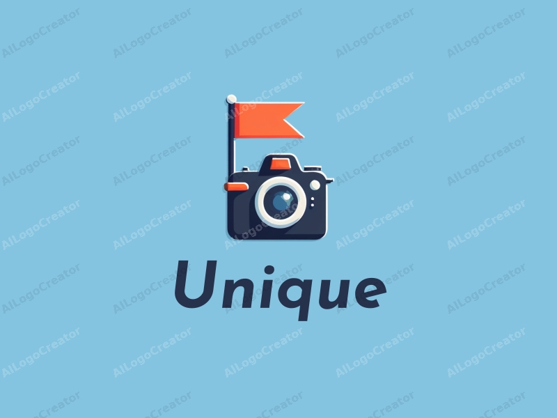 a modern design featuring a stylized camera and a flag, incorporating unique and innovative elements, with a clean blue background.