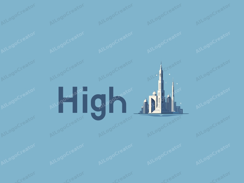 a modern design featuring tall and majestic towers and arches, combined with a clean blue background and a minimalist approach.