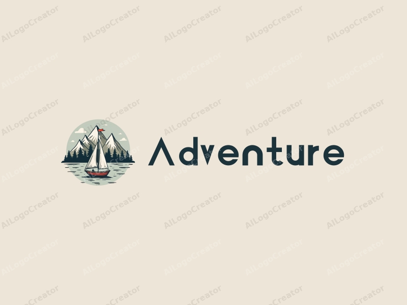 playful design features stylized mountains and sailing elements, combined with adventure and exploration themes, set against a clean background.