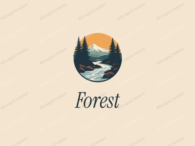 vintage design features stylized trees and a flowing stream with rocks, combined with a clean background and harmonious composition.