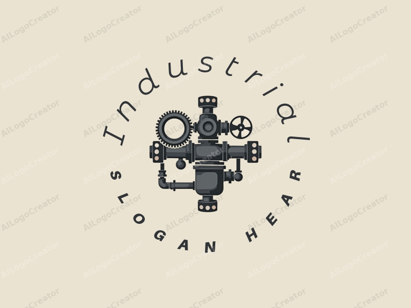 industrial design features mechanical elements like gears and valves, integrated with pipes, using a gray and black color palette, combined with a clean and minimalistic background.