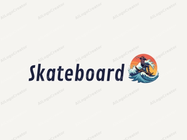 spaßige Designelemente zeigen ein lebendiges Skateboard, das auf stilisierten Wellen fährt, in einer dynamischen und unterhaltsamen Komposition mit einem sauberen Hintergrund.