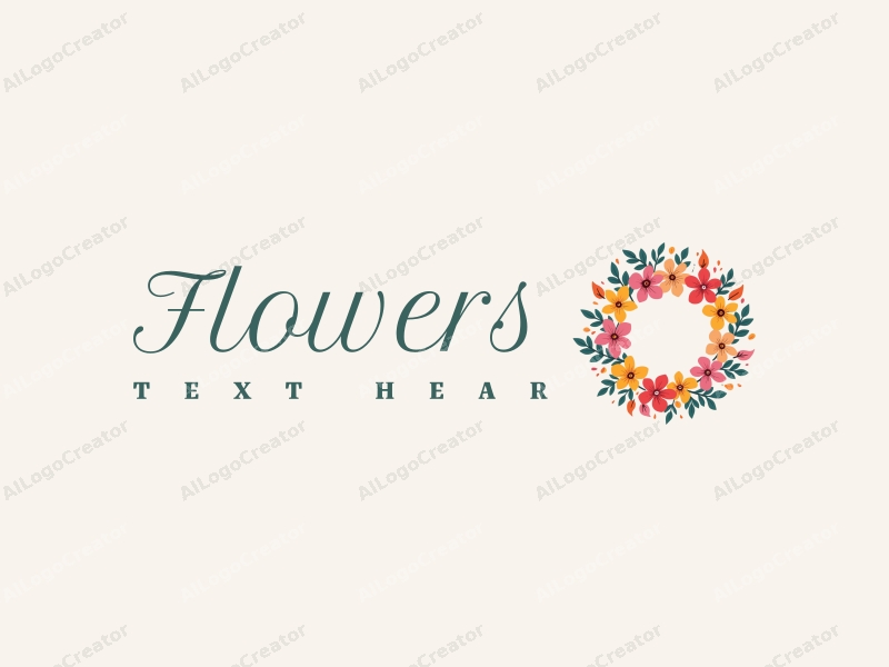 playful design features vibrant flowers and petals arranged in a circular wreath, complemented by playful leaves, all set against a clean background.