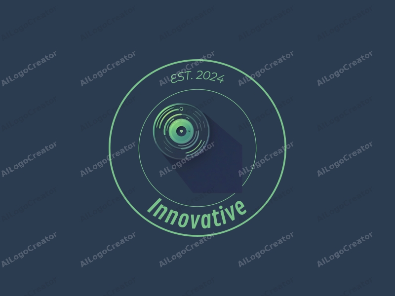 a modern design featuring sound waves and vinyl records, incorporating elements of innovation and future, with a clean background in blue and green colors.