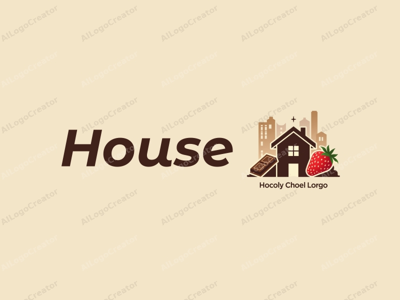 modern design features a stylized house and building silhouette, combined with elements of chocolate and strawberry, utilizing a clean background and a harmonious composition.