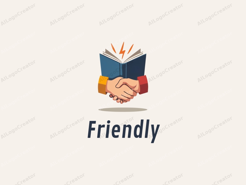 playful design features a stylized book and a handshake, combined with a clean background, emphasizing friendship and community in an educational and social context.