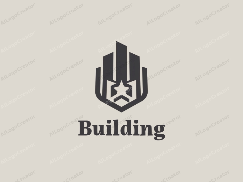 modern design features a stylized building and structure integrated with a shield and star, utilizing a clean and minimalistic approach against a gray background.