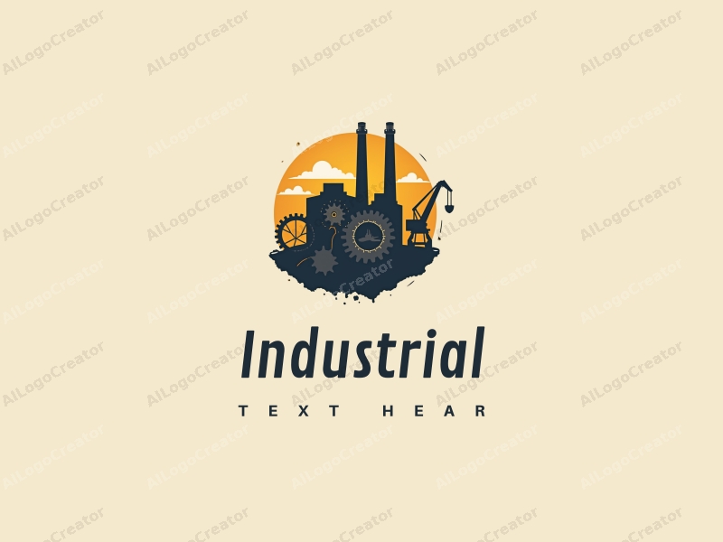 modern design features a stylized factory silhouette, interlocking gears, and a crane, combined with a clean background.