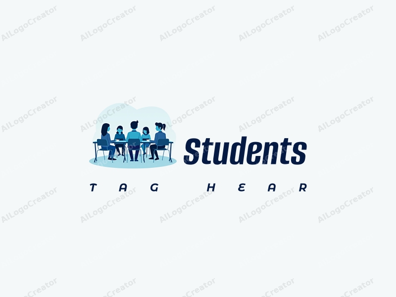 a modern design featuring stylized students in a classroom setting, incorporating clean lines and a harmonious composition with a blue color palette.