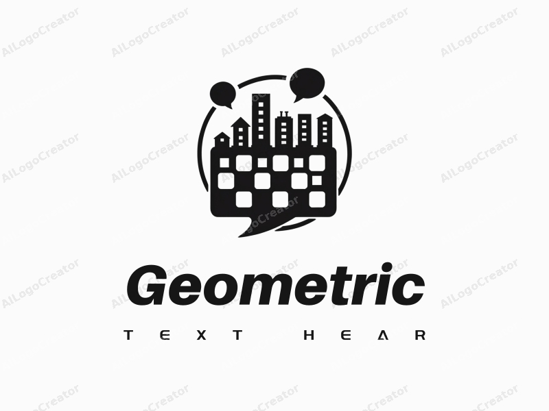 geometric design features a combination of squares and circles, incorporating speech bubbles and building silhouettes, with a clean black and white color scheme.