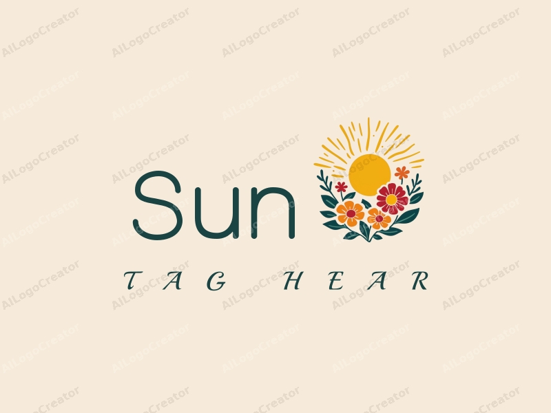 playful design features a stylized sun with rays radiating outward, surrounded by vibrant flowers, combined with a clean background.