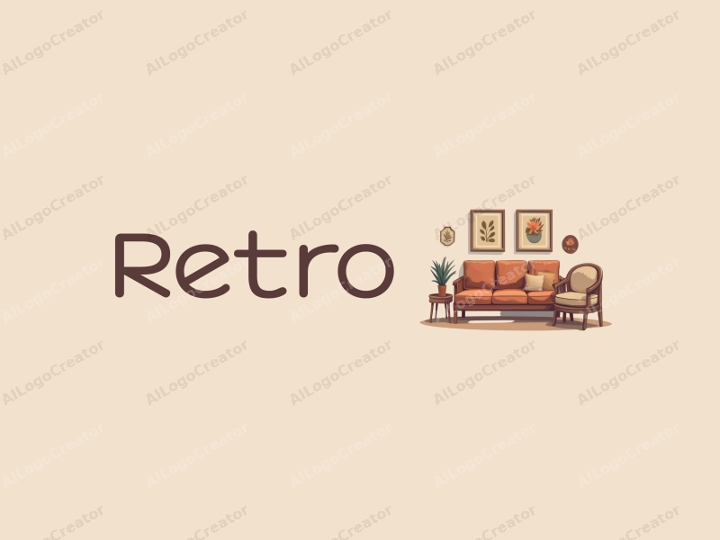 vintage design features a retro sofa, a stylized chair, and decorative paintings, combined with a clean background and a warm color palette of brown and beige.