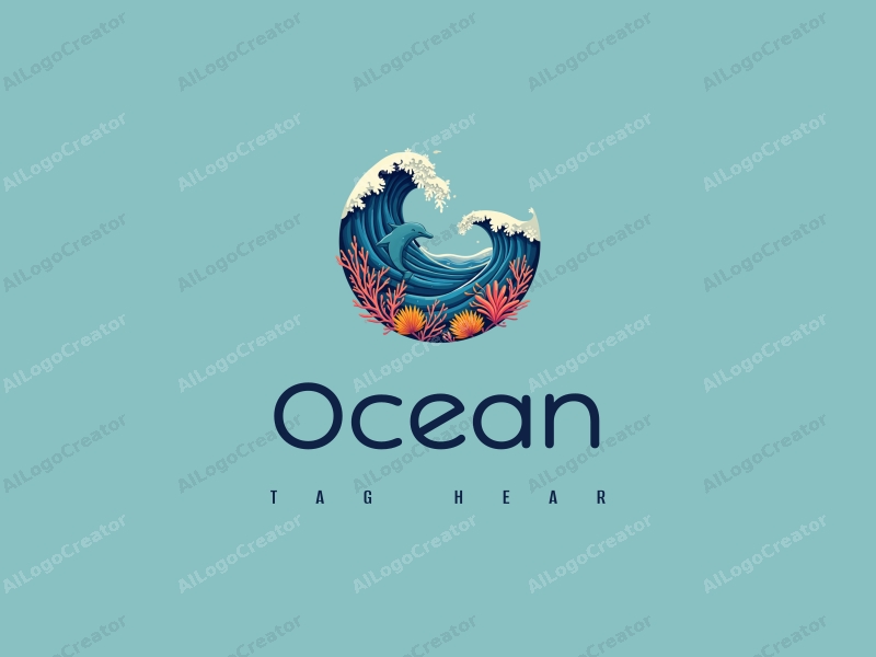 a modern design featuring stylized waves, playful dolphins, and vibrant corals, combined with a clean background and a harmonious composition.