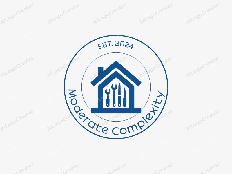 a modern minimalist design featuring a stylized house silhouette, tools integrated into the structure, and a clean blue and white color scheme combined with a simple background.