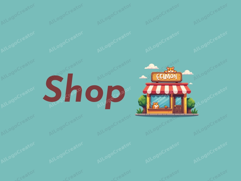 a modern design featuring a vibrant shop front, a playful hamster character, and gaming elements, combined with a clean and simple background.