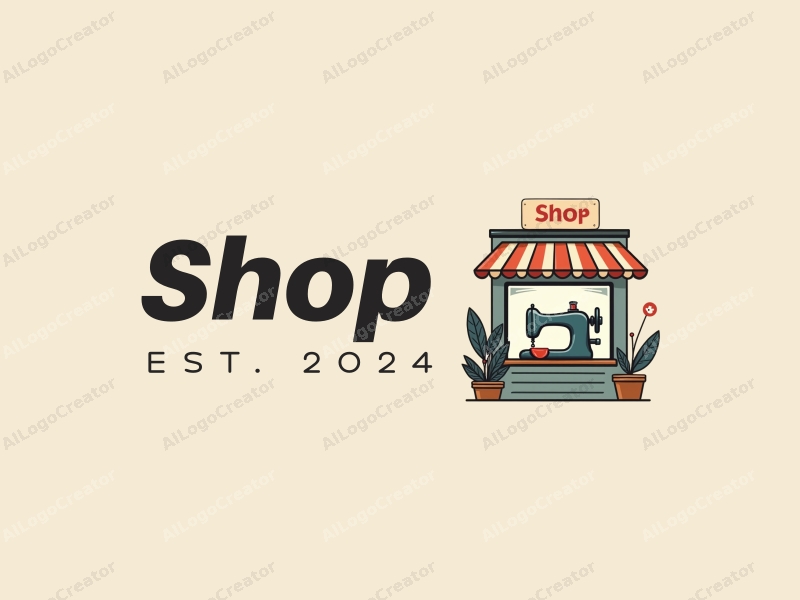 a modern minimalist design featuring a stylized shop front, a sewing machine, and fabric elements, combined with a clean background.