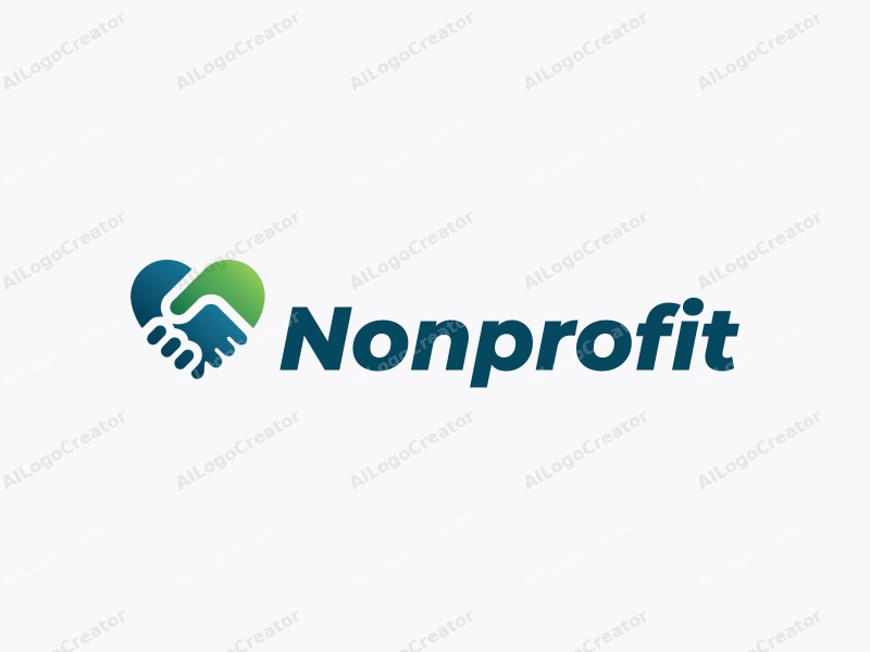 modern design features a stylized heart and handshake symbolizing charity and volunteerism, combined with a clean background in blue and green tones.