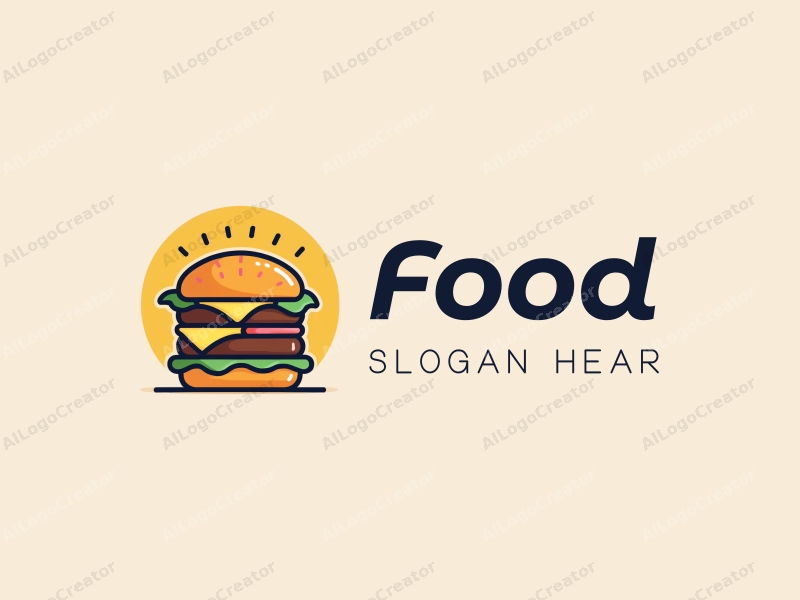 a modern design featuring a stylized burger and fries, with vibrant colors and a clean background, emphasizing the deliciousness of the food in a harmonious and simple composition.