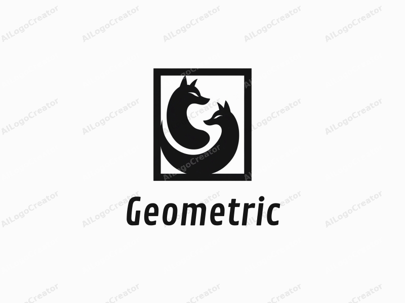 geometric design features a stylized wolf and fox intertwined within a square and circle, combined with a clean black and white background.