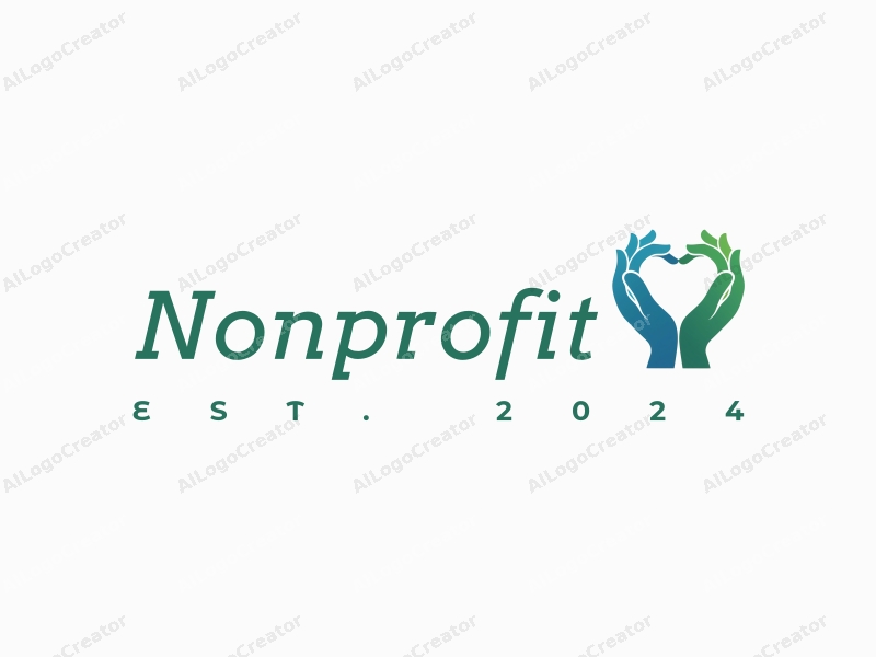 modern design features a heart shape formed by two hands, symbolizing charity and volunteerism, with a clean background in blue and green tones.