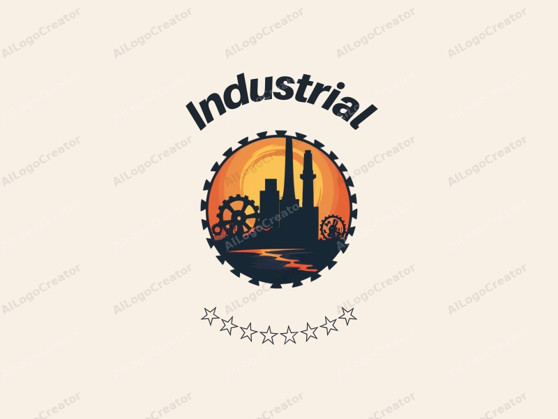 modern design features a stylized factory silhouette, interlocking gears, and welding elements combined with a clean background.